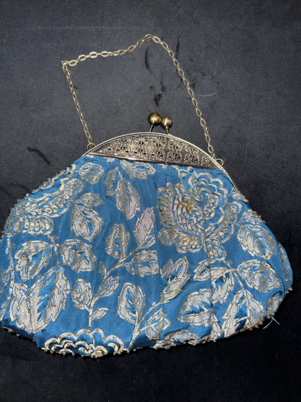 Vintage Inspired Blue Brocade Evening Clutch with Gold Trim